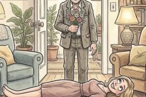 A man brings some flowers home to his wife