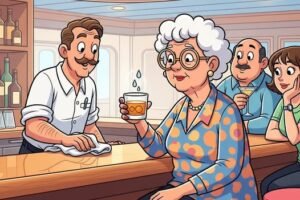 A lady went to the bar on a cruise ship