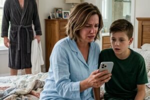 While my husband was in the shower, his phone lit up on the counter. My son looked at it and said, “Mom… why is Dad texting Aunt Lisa, ‘I miss last night’?” I thought it had to be a mistake—until I read it. When I asked Lisa, she broke down and said one word: “Sorry.”