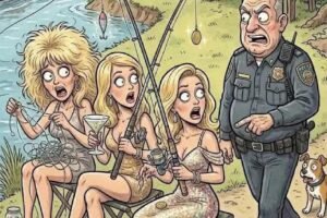 Three blondes were sitting by the side of a river