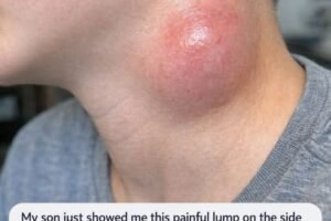 My son just showed me this painful lump on the side of his neck. It appeared overnight and he is really scared. The pediatrician is closed for the weekend. Any advice?