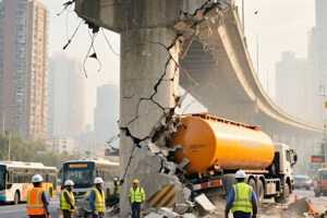 Moments from Disaster: Tanker Caught Under a Crumbling Bridge